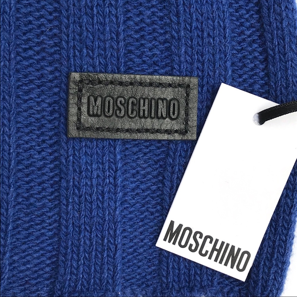 Blue, MOSCHINO Wool with Leather Label Scarf